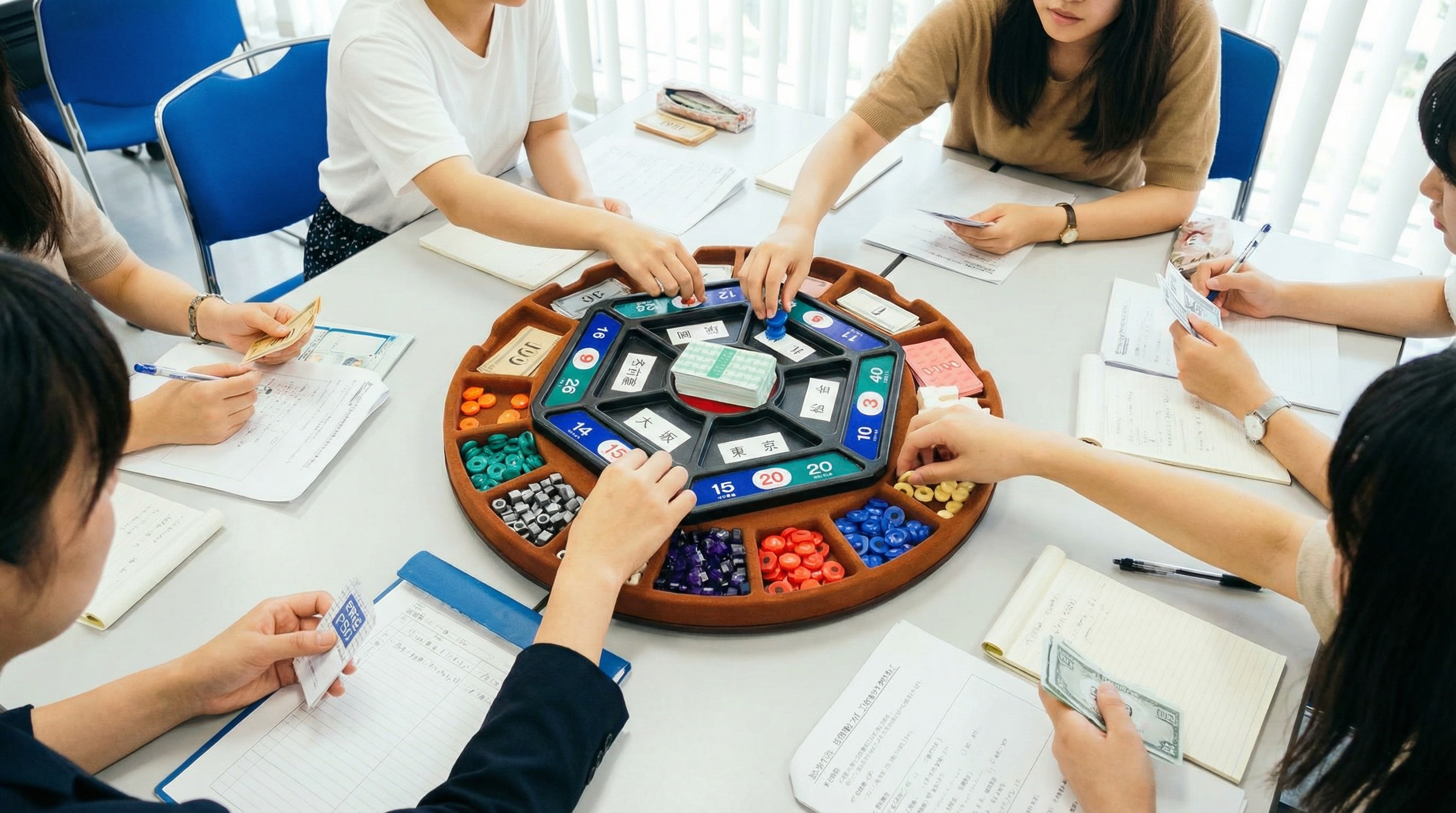 学生たちがMGゲームを囲んでプレイする様子